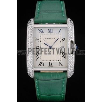 Cartier Tank Anglaise 36mm White Dial Diamonds Steel Case Green Leather Bracelet