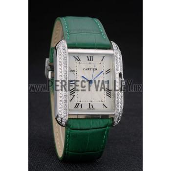 Cartier Tank Anglaise 36mm White Dial Diamonds Steel Case Green Leather Bracelet