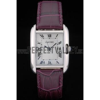 Cartier Tank Anglaise 30mm White Dial Stainless Steel Case Purple Leather Bracelet