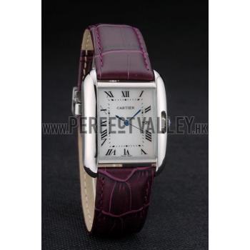 Cartier Tank Anglaise 30mm White Dial Stainless Steel Case Purple Leather Bracelet