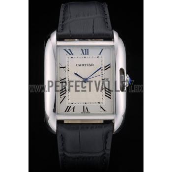 Cartier Tank Anglaise 36mm White Dial Stainless Steel Case Black Leather Bracelet