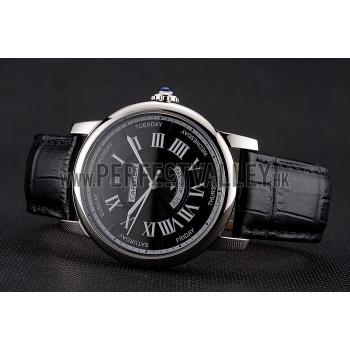 Swiss Cartier Rotonde Annual Calendar Black Dial Stainless Steel Case Black Leather Strap