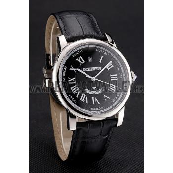 Swiss Cartier Rotonde Annual Calendar Black Dial Stainless Steel Case Black Leather Strap