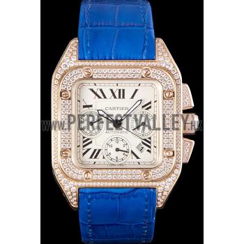 Swiss Cartier Santos Rose Gold Bezel with Diamonds and Blue Leather Strap  621529