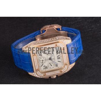 Swiss Cartier Santos Rose Gold Bezel with Diamonds and Blue Leather Strap  621529