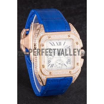 Swiss Cartier Santos Rose Gold Bezel with Diamonds and Blue Leather Strap  621529