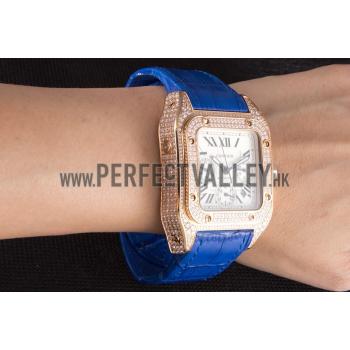 Swiss Cartier Santos Rose Gold Bezel with Diamonds and Blue Leather Strap  621529