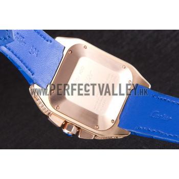 Swiss Cartier Santos Rose Gold Bezel with Diamonds and Blue Leather Strap  621529