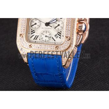 Swiss Cartier Santos Rose Gold Bezel with Diamonds and Blue Leather Strap  621529