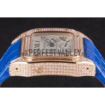 Swiss Cartier Santos Rose Gold Bezel with Diamonds and Blue Leather Strap  621529