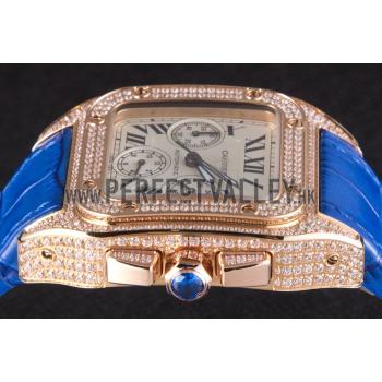 Swiss Cartier Santos Rose Gold Bezel with Diamonds and Blue Leather Strap  621529