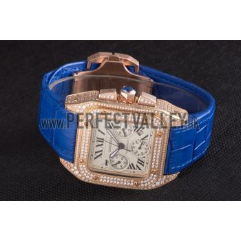 Swiss Cartier Santos Rose Gold Bezel with Diamonds and Blue Leather Strap  621529