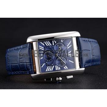 Cartier Tank MC Blue Dial Stainless Steel Case Blue Leather Bracelet  622691