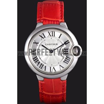 Cartier Ballon Bleu Silver Bezel with White Dial Red Leather Band  621551