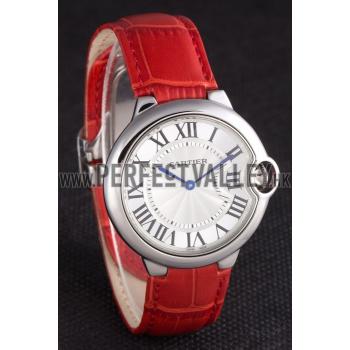 Cartier Ballon Bleu Silver Bezel with White Dial Red Leather Band  621551