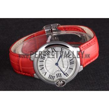 Cartier Ballon Bleu Silver Bezel with White Dial Red Leather Band  621551