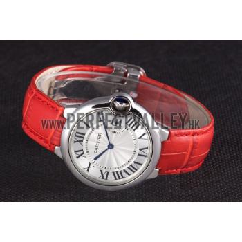 Cartier Ballon Bleu Silver Bezel with White Dial Red Leather Band  621551