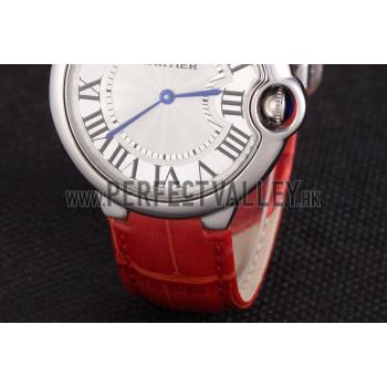 Cartier Ballon Bleu Silver Bezel with White Dial Red Leather Band  621551