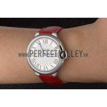 Cartier Ballon Bleu Silver Bezel with White Dial Red Leather Band  621551