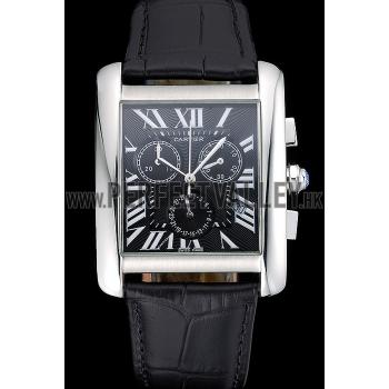 Cartier Tank MC Black Dial Stainless Steel Case Black Leather Bracelet  622690