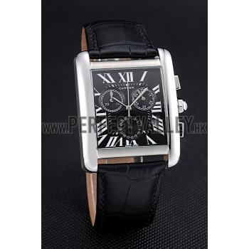 Cartier Tank MC Black Dial Stainless Steel Case Black Leather Bracelet  622690