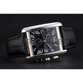 Cartier Tank MC Black Dial Stainless Steel Case Black Leather Bracelet  622690