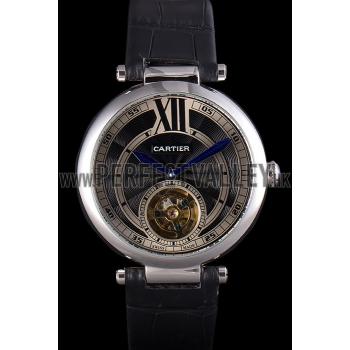 Replica Cartier Ballon Bleu flying tourbillon Black Leather Strap  621447