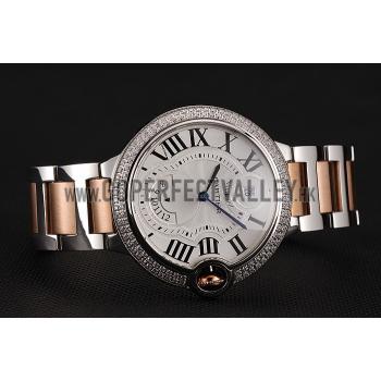 Swiss Cartier Ballon Bleu Two Timezone White Dial Diamond Case Rose Gold And Silver Bracelet 1453874