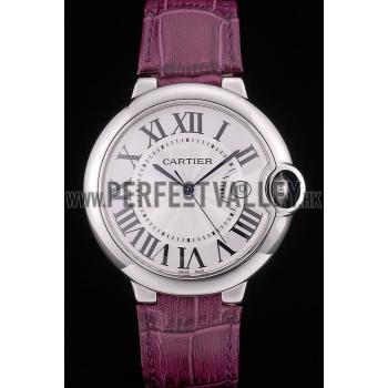 Cartier Ballon Bleu 42mm White Dial Stainless Steel Case Purple Leather Bracelet