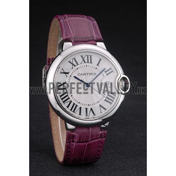 Cartier Ballon Bleu 42mm White Dial Stainless Steel Case Purple Leather Bracelet