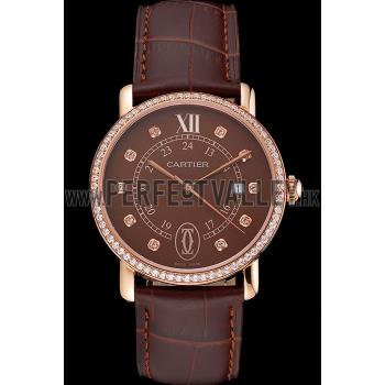 Cheap Cartier Ronde Solo Brown Dial Diamond Hour Marks And Bezel Rose Gold Case Brown Leather Strap