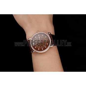 Cheap Cartier Ronde Solo Brown Dial Diamond Hour Marks And Bezel Rose Gold Case Brown Leather Strap