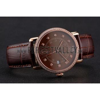 Cheap Cartier Ronde Solo Brown Dial Diamond Hour Marks And Bezel Rose Gold Case Brown Leather Strap