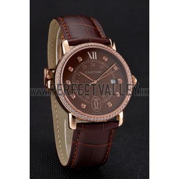 Cheap Cartier Ronde Solo Brown Dial Diamond Hour Marks And Bezel Rose Gold Case Brown Leather Strap