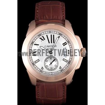 Cartier Calibre White Dial Gold Case Brown Leather Bracelet Replica