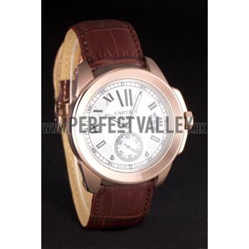 Cartier Calibre White Dial Gold Case Brown Leather Bracelet Replica