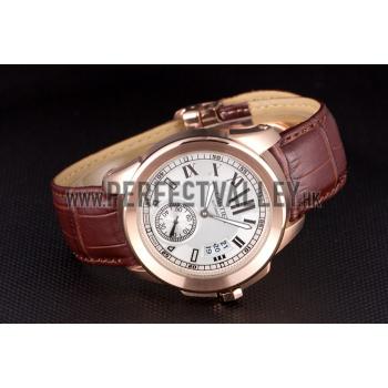 Cartier Calibre White Dial Gold Case Brown Leather Bracelet Replica