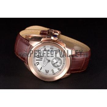 Cartier Calibre White Dial Gold Case Brown Leather Bracelet Replica