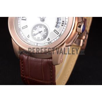 Cartier Calibre White Dial Gold Case Brown Leather Bracelet Replica