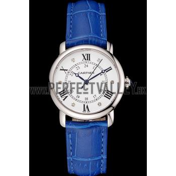 Cartier Ronde White Dial Diamond Hour Marks Stainless Steel Case Blue Leather Strap Replica