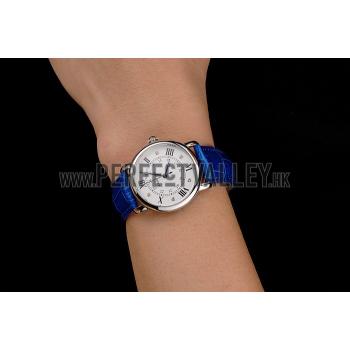 Cartier Ronde White Dial Diamond Hour Marks Stainless Steel Case Blue Leather Strap Replica