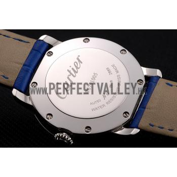 Cartier Ronde White Dial Diamond Hour Marks Stainless Steel Case Blue Leather Strap Replica