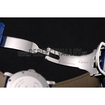 Cartier Ronde White Dial Diamond Hour Marks Stainless Steel Case Blue Leather Strap Replica