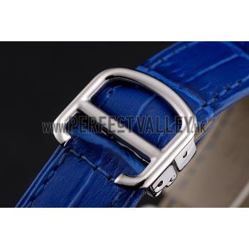 Cartier Ronde White Dial Diamond Hour Marks Stainless Steel Case Blue Leather Strap Replica