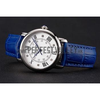 Cartier Ronde White Dial Diamond Hour Marks Stainless Steel Case Blue Leather Strap Replica