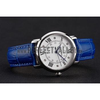 Cartier Ronde White Dial Diamond Hour Marks Stainless Steel Case Blue Leather Strap Replica