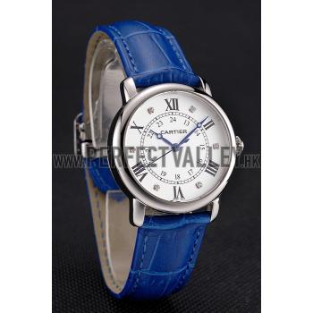 Cartier Ronde White Dial Diamond Hour Marks Stainless Steel Case Blue Leather Strap Replica