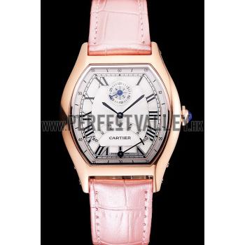 Cheap Cartier Tortue Perpetual Calendar White Dial Gold Case Pink Leather Strap