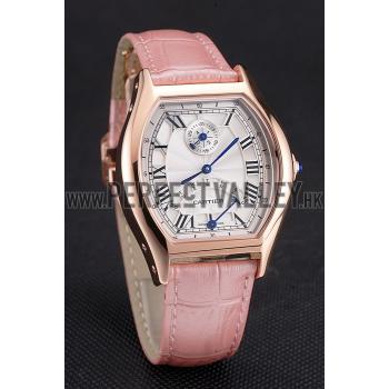 Cheap Cartier Tortue Perpetual Calendar White Dial Gold Case Pink Leather Strap