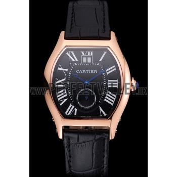 Cartier Tortue Large Date Black Dial Gold Case Black Leather Strap